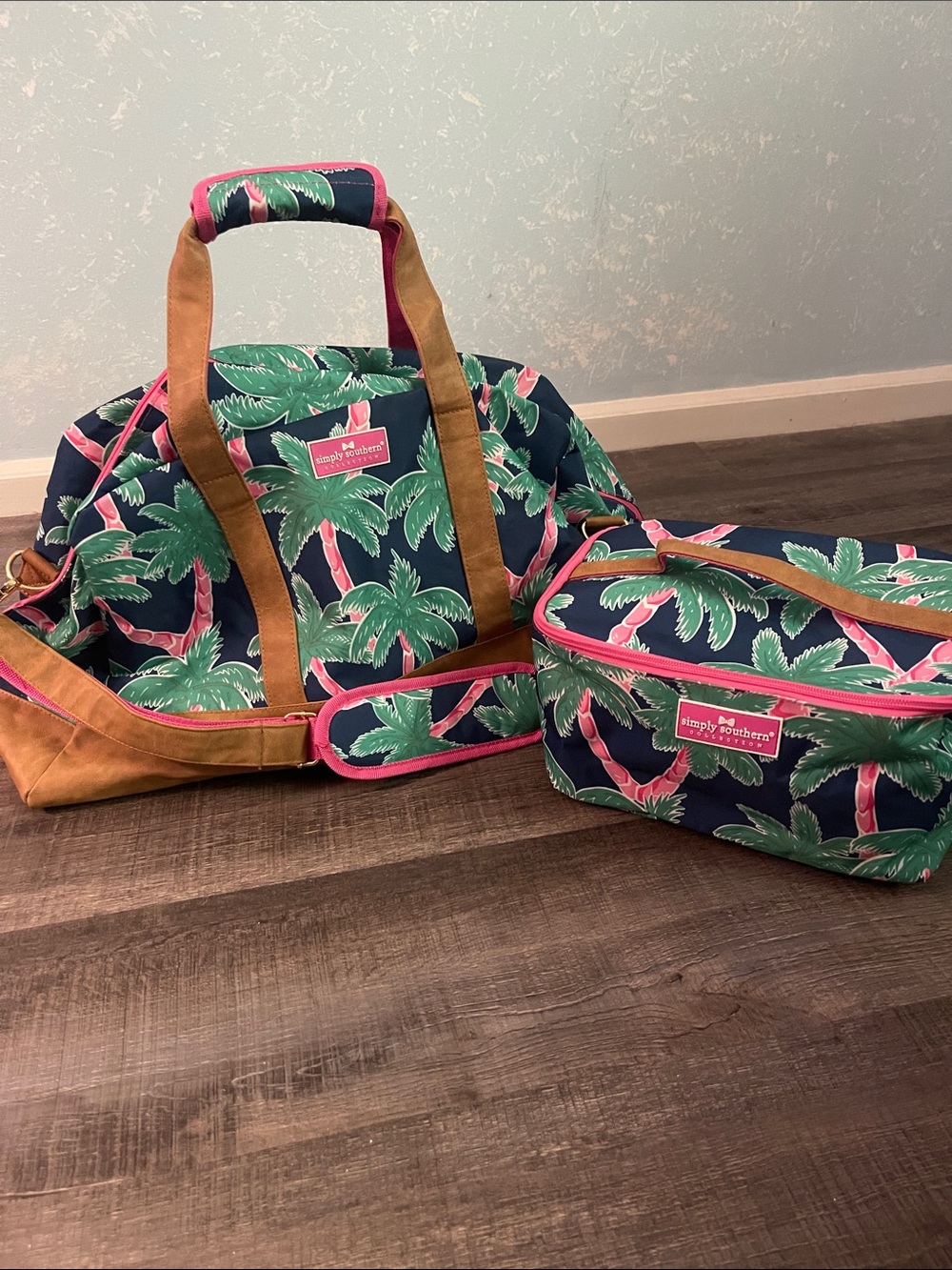 Simply Southern Navy Palm Leaf Travel Duffel with Pink Trim